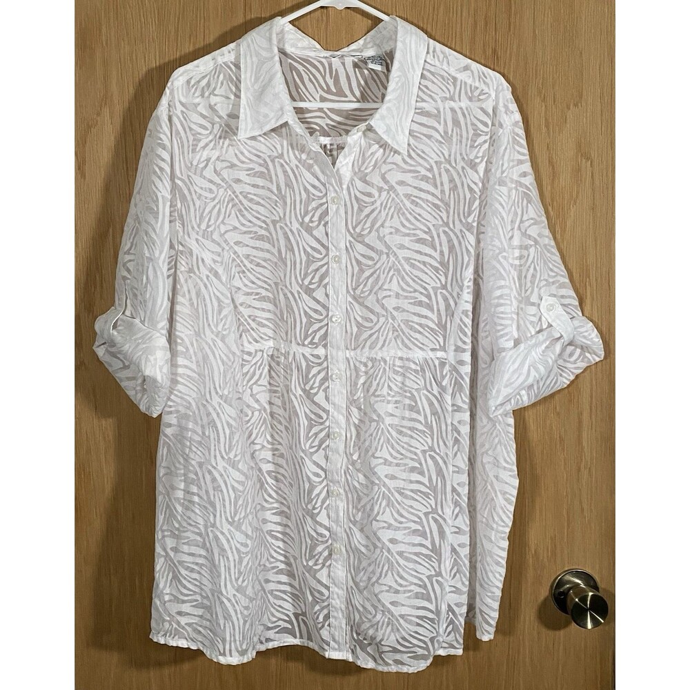 Women's 3X Sheer Top White Button Down Zebra Burnout Coastal Festival Beachy